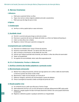 Ministério da Saúde | Secretaria de Atenção Básica | Departamento de Atenção Básica



           2. Nervos Cranianos
           I Olfatório
                a. 	 Pedir para o paciente fechar os olhos
                b. 	 Tapar uma narina e colocar alguma substância de odor característico
                c. 	 Pedir para que ele diga do que se trata
           II Óptico

           1. Fundoscopia
                a) 	 Verificar a retina, papila óptica e vasos retinianos


           2. Acuidade visual
                a)	 Permitir o uso de óculos para longe ou lente de contato
                b) 	Posicionar o paciente à6 metros da Tabela de Snellen ou à 35cm da Tabela de Rosenbaum
                c) 	 Cobrir um dos olhos e ler a Tabela
                d) 	 Registrar a menor linha que o paciente consegue ler


           3.Campimetria por confrontação
                a)	 Posicionar-se à distância de 1 braço à frente do paciente
                b)	 Paciente e examinador olhando “um dentro dos olhos do outro”
                c)	 Abrir os braços e movimentar um dos dedos de uma mão
                d)	 Solicitar que indique qual lado está movendo, sem desviar o olhar dos olhos do examinador
                e)	 Testar os 4 quadrantes
                f)	 Se suspeitar de anormalidade, testar cada olhos separadamente


           III, IV e V Oculomotor, Troclear e Abducente

           1. Verificar simetria das fendas palpebrais e protusão ocular

           2. Movimentação extraocular
                a)	 Manter fixa a cabeça do paciente, solicitar que siga apenas com o olhar o dedo do examinador,
                    e informar quando não estiver vendo nítido
                b)	 Movimentar o dedo nas seis direções, em forma de H
                c)	 Observar nistagmo, assimetria da movimentação e queixa de diplopia
                d)	 Checar convergência movendo o dedo na direção da ponta do nariz


           3. Reação pupilar à luz
                a) 	 Em ambiente escuro, pedir que olhe para a frente e longe
                b) 	 Alternadamente iluminar com um foco de lanterna colocado obliquamente (90º) cada pupila
                c)	 Observar a reação pupilar do lado iluminado (fotomotor direto) e da outra pupila (fotomotor
                    consensual)
278             d)	 Registrar o diâmetro pupilar e qualquer assimetria ou irregularidade
 