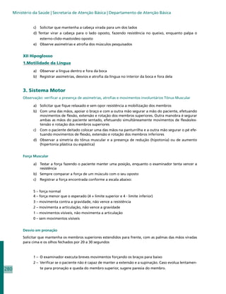 Ministério da Saúde | Secretaria de Atenção Básica | Departamento de Atenção Básica


                 c) 	 Solicitar que mantenha a cabeça virada para um dos lados
                 d) Tentar virar a cabeça para o lado oposto, fazendo resistência no queixo, enquanto palpa o
                     esterno-clido-mastoideo oposto
                 e) 	 Observe assimetrias e atrofia dos músculos pesquisados


           XII Hipoglosso
           1.Motilidade da Língua
                 a)	 Observar a língua dentro e fora da boca
                 b)	 Registrar assimetrias, desvios e atrofia da língua no interior da boca e fora dela


           3. Sistema Motor
           Observação: verificar a presença de assimetrias, atrofias e movimentos involuntários Tônus Muscular

                 a)	 Solicitar que fique relaxado e sem opor resistência a mobilização dos membros
                 b)	 Com uma das mãos, apoiar o braço e com a outra mão segurar a mão do paciente, efetuando
                     movimentos de flexão, extensão e rotação dos membros superiores. Outra manobra é segurar
                     ambas as mãos do paciente sentado, efetuando simultâneamente movimentos de flexão/ex-
                     tensão e rotação dos membros superiores
                 c)	 Com o paciente deitado colocar uma das mãos na panturrilha e a outra mão segurar o pé efe-
                     tuando movimentos de flexão, extensão e rotação dos membros inferiores
                 d)	 Observar a simetria do tônus muscular e a presença de redução (hipotonia) ou de aumento
                     (hipertonia plástica ou espástica)


           Força Muscular

                 a) 	 Testar a força fazendo o paciente manter uma posição, enquanto o examinador tenta vencer a
                      resistência
                 b)	 Sempre comparar a força de um músculo com o seu oposto
                 c)	 Registrar a força encontrada conforme a escala abaixo:


                 5 – força normal
                 4 – força menor que o esperado (4 + limite superior e 4 - limite inferior)
                 3 – movimenta contra a gravidade, não vence a resistência
                 2 – movimenta a articulação, não vence a gravidade
                 1 – movimentos visíveis, não movimenta a articulação
                 0 – sem movimentos visíveis


           Desvio em pronação
           Solicitar que mantenha os membros superiores estendidos para frente, com as palmas das mãos viradas
           para cima e os olhos fechados por 20 a 30 segundos



                 1 – 	O examinador executa breves movimentos forçando os braços para baixo
                 2 – 	Verificar se o paciente não é capaz de manter a extensão e a supinação. Caso evolua lentamen-
280                  te para pronação e queda do membro superior, sugere paresia do membro.
 