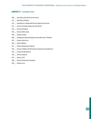 ACOLHIMENTO À DEMANDA ESPONTÂNEA – Queixas mais comuns na Atenção Básica


ANEXO C        – TELEFONES ÚTEIS


100	��� Secretaria dos Direitos Humanos
127	��� Ministério Público
132	��� Assistência a Dependentes de Agentes Químicos
141	��� Centro de Valorização da Vida (CVV)
155	��� Serviço Estadual
156	��� Serviço Municipal
160	��� Disque Saúde
180	��� Delegacias Especializadas de Atendimento à Mulher
181	��� Disque Denúncia
190	��� Polícia Militar
191	��� Polícia Rodoviária Federal
192	��� Serviço Público de Remoção de Doentes (ambulância)
193	��� Corpo de Bombeiros
194	��� Polícia Federal
197	��� Polícia Civil
198	��� Polícia Rodoviária Estadual
199	��� Defesa Civil




                                                                                        287
 