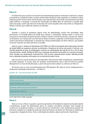 Ministério da Saúde | Secretaria de Atenção Básica | Departamento de Atenção Básica



          Plano A

             O tratamento para usuários com diarreia sem desidratação pode ser realizado no domicílio, sempre
          orientando os cuidadores sobre o caráter autolimitado da doença. Não suspender ou modificar a dieta
          habitual, porém oriente maior oferta líquida. Caso haja vômitos, recomende o fracionamento da dieta
          pode melhorar a aceitação. A solução de reidratação oral (SRO) deve ser oferecida à vontade após
          cada evacuação, porém não deve ser misturada com outros líquidos como chás, leite ou refrigerante.
          Sempre orientar que a SRO não substitui as refeições.

          Plano B

              Quando o usuário já apresenta alguns sinais de desidratação, porém sem gravidade, deve
          permanecer na Unidade Básica de Saúde para realizar a reidratação. Sempre pesar a criança sem
          roupa para monitoração do ganho de peso. Pode-se realizar controle da diurese, usando saco coletor,
          se necessário, em crianças sem controle vesical. Nesse momento, suspender a alimentação enquanto o
          usuário permanecer desidratado. A exceção são crianças alimentadas com leite materno, que podem
          continuar fazendo uso deste alimento à vontade.

             Deve-se iniciar a Terapia de Reidratação Oral (TRO) com SRO recomendada pela Organização Mundial
          da Saúde (OMS) em pequenos volumes, aumentando a frequência da oferta aos poucos. O volume a ser
          ofertado depende do grau de desidratação. Usuários com desidratação leve (perda de 3% a 5% do peso
          corporal) devem receber 50ml/kg de SRO mais a reposição das perdas continuadas em umeríodo de quatro
          horas. Aqueles com desidratação moderada (6% a 9% do peso corporal) devem receber 100ml/kg de SRO
          mais a reposição de perdas continuadas, em um período de quatro horas.

             Deve-se evitar o uso de antitérmico caso haja febre. Esta costuma ceder à medida que a desidratação
          vai sendo reparada. O usuário deve ser avaliado constantemente, pois o Plano B termina quando
          desaparecem os sinais de desidratação, a partir do qual se deve adotar ou retornar ao Plano A.

             Se houver uma ou mais contraindicações para TRO (Quadro 18), deve-se iniciar imediatamente a
          terapia de reidratação endovenosa – ver Plano C.

          Quadro 18 – Contraindicações da TRO

           Perda ou ganho insuficiente de peso após as primeiras horas de TRO.

           Vômitos persistentes.

           Recusa persistente da solução.

           Distensão abdominal grave íleo paralítico.

           Alteração de consciência.

           Evolução para choque hipovolêmico.
          Fonte: (SÃO PAULO, 2008, adaptado).

          Plano C

              Deve-se iniciar o Plano C quando o paciente apresentar dificuldade de injestão de líquidos devido
          à hiperêmese, quadro de desidratação grave ou colapso circulatório (choque). Essa situação se
          constitui em emergência médica e o usuário deverá ser transferido o mais rapidamente possível. Os
          primeiros cuidados na unidade de saúde são importantíssimos e já devem ser efetuados à medida que
          se aguarda a chegada do Samu. Para a reidratação de adultos, alguns pontos são importantes:
58
 