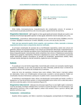 ACOLHIMENTO À DEMANDA ESPONTÂNEA – Queixas mais comuns na Atenção Básica




                                                       Figura 20 – Exantema é maculopapular
                                                       Fonte: (: (BRASIL, [2010]).




   Otite média, broncopneumonia, traquobronquite são complicações comuns. O sarampo é
transmissível do período prodrômico até cinco dias após o aparecimento do exantema.

Diagnóstico laboratorial – IgM reagente na fase aguda (pode permanecer elevado por quatro a seis
semanas). Os anticorpos IgG podem aparecer na fase aguda. Isolamento viral em secreções, soro, urina.

Tratamento – sintomáticos. Administração de vitamina A – menores de 6 meses: 50.000UI, entre 6 e
12 meses: 100.000UI e maiores de 12 meses: 200.00UI, via oral, uma vez ao dia, dois dias.

   Todo caso que apresente quadro clínico suspeito, com exantema e febre, associado a sintomas
respiratórios (coriza, tosse e conjuntivite), deve ser notificado.

    As principais complicações do sarampo são as manifestações respiratórias, sendo mais comuns em
gestantes, pessoas imunocomprometidas e nas crianças que apresentam desnutrição e hipovitaminose A.
Devemos atentar para infecções secundárias virais e bacterianas do trato respiratório alto (otite média) e
baixas (traqueobronquite e pneumonias), sendo as bactérias mais comuns o Streptococcus pneumoniae,
Streptococcus pyogenes, Haemophilus influenzae e Staphylococcus aureus. Mais raramente os pacientes
podem desenvolver quadros neurológicos no período de recuperação, apresentando cefaleia, febre,
confusão mental, alteração do nível de consciência, rigidez de nuca e convulsões.


Rubéola

   É causada por vírus da família togaviridae, transmitida pelo contato com secreções nasofaríngeas
de pessoas infectadas, ou por meio da placenta de mães infectadas, podendo levar à síndrome da
rubéola congênita. Tem período de incubação de 2-3 semanas.

    Antes do início do exantema, sintomas leves como cefaleia, febre baixa e mal-estar podem
ser observados. Evolui com linfadenopatia retroauricular, occipital e cervical posterior. Podem ser
visualizadas máculas eritematosas e petequiais no palato mole e úvula (sinal de Forschheimer).

   O exantema é maculopapular róseo, difuso, de distribuição craniocaudal que tende a confluir e
desaparece no final da primeira semana. A transmissibilidade ocorre entre cinco a sete dias antes e
até cinco a sete dias após o início do exantema (Figura 21).

Diagnóstico laboratorial – detecção de anticorpos específicos no soro (IgM e IgG) e isolamento
viral nas secreções. Sorologia coletada entre o primeiro e quarto dia após o início do exantema, com
IgM positivo confirma o caso; se IgM negativo, coletar nova amostra. Entre o quinto e 28°dia, IgM
positivo confirma o caso.

Tratamento – sintomáticos

   Quadros clínicos suspeitos, com febre e exantema maculopapular, acompanhados de linfadenopatia            87
 