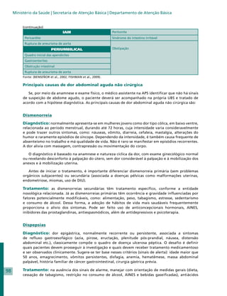 Ministério da Saúde | Secretaria de Atenção Básica | Departamento de Atenção Básica


          (continuação)
                                     IAM                          Peritonite
           Pericardite                                            Síndrome do intestino irritável
           Ruptura de aneurisma de aorta
                             PERIUMBILICAL                        Obstipação

           Quadro inicial das apendicites
           Gastroenterites
           Obstrução intestinal
           Ruptura de aneurisma de aorta
          Fonte: (BENSEÑOR et al., 2002; FISHMAN et al., 2009).

          Principais causas de dor abdominal aguda não cirúrgica

             Se, por meio da anamnese e exame físico, o médico assistente na APS identificar que não há sinais
          de suspeição de abdome agudo, o paciente deverá ser acompanhado na própria UBS e tratado de
          acordo com a hipótese diagnóstica. As principais causas de dor abdominal aguda não cirúrgica são:


          Dismenorreia
          Diagnóstico: normalmente apresenta-se em mulheres jovens como dor tipo cólica, em baixo ventre,
          relacionada ao período menstrual, durando até 72 horas, cuja intensidade varia consideravelmente
          e pode trazer outros sintomas, como: náuseas, vômito, diarreia, cefaleia, mastalgia, alterações do
          humor e raramente episódios de síncope. Dependendo da intensidade, é também causa frequente de
          absenteísmo no trabalho e má qualidade de vida. Não é raro se manifestar em episódios recorrentes.
          A dor alivia com massagem, contrapressão ou movimentação do corpo.

             O diagnóstico é baseado na anamnese e natureza cíclica da dor, com exame ginecológico normal
          ou revelando desconforto à palpação do útero, sem dor considerável à palpação e à mobilização dos
          anexos e à mobilização uterina.

             Antes de iniciar o tratamento, é importante diferenciar dismenorreia primária (sem problemas
          orgânicos subjacentes) ou secundária (associada a doenças pélvicas como malformações uterinas,
          endometriose, miomas, uso de DIU).

          Tratamento: as dismenorreias secundárias têm tratamento específico, conforme a entidade
          nosológica relacionada. Já as dismenorreias primárias têm ocorrência e gravidade influenciadas por
          fatores potencialmente modificáveis, como: alimentação, peso, tabagismo, estresse, sedentarismo
          e consumo de álcool. Dessa forma, a adoção de hábitos de vida mais saudáveis frequentemente
          proporciona o alívio dos sintomas. Pode ser feito uso de anticoncepcionais hormonais, AINES,
          inibidores das prostaglandinas, antiespasmódicos, além de antidepressivos e psicoterapia.


          Dispepsias

          Diagnóstico: dor epigástrica, normalmente recorrente ou persistente, associada a sintomas
          de refluxo gastroesofágico (azia, pirose, eructação, plenitude pós-prandial, náusea, distensão
          abdominal etc.), classicamente compõe o quadro de doença ulcerosa péptica. O desafio é definir
          quais pacientes devem prosseguir à investigação e quais devem receber tratamento medicamentoso
          e ser observados clinicamente. Sugere-se ter base nesses critérios (sinais de alerta): idade maior que
          50 anos, emagrecimento, vômitos persistentes, disfagia, anemia, hematêmese, massa abdominal
          palpável, história familiar de câncer gastrointestinal, cirurgia gástrica prévia.

98        Tratamento: na ausência dos sinais de alarme, manejar com orientação de medidas gerais (dieta,
          cessação de tabagismo, restrição no consumo de álcool, AINES e bebidas gaseificadas), antiácidos
 