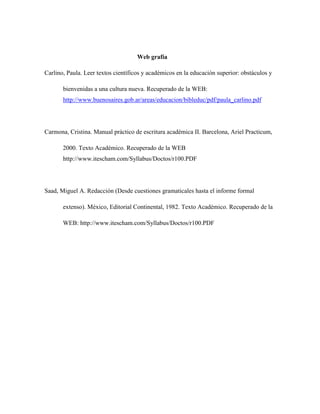 Web grafía
Carlino, Paula. Leer textos científicos y académicos en la educación superior: obstáculos y
bienvenidas a una cultura nueva. Recuperado de la WEB:
http://www.buenosaires.gob.ar/areas/educacion/bibleduc/pdf/paula_carlino.pdf
Carmona, Cristina. Manual práctico de escritura académica II. Barcelona, Ariel Practicum,
2000. Texto Académico. Recuperado de la WEB
http://www.itescham.com/Syllabus/Doctos/r100.PDF
Saad, Miguel A. Redacción (Desde cuestiones gramaticales hasta el informe formal
extenso). México, Editorial Continental, 1982. Texto Académico. Recuperado de la
WEB: http://www.itescham.com/Syllabus/Doctos/r100.PDF
 