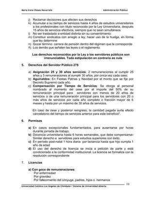 María Irene Dioses Navarrete Administración Pública
________________________________________________________________________________
_____________________________________________________________________________
Universidad Católica Los Ángeles de Chimbote / Sistema de Universidad Abierta
10
6
j) Reclamar decisiones que afecten sus derechos
k) Acumular a su tiempo de servicios hasta 4 años de estudios universitarios
a los profesionales con título reconocido por la Ley Universitaria, después
15 años de servicios efectivos, siempre que no sean simultáneos
l) No ser trasladado a entidad distinta sin su consentimiento
m) Constituir sindicatos con arreglo a ley, hacer uso de la huelga, en forma
que ley determine
n) Gozar término carrera de pensión dentro del régimen que le corresponde
ñ) Los demás que señalen las leyes o el reglamento.
Los derechos reconocidos por la Ley a los servidores públicos son
irrenunciables. Toda estipulación en contrario es nula
5. Derechos del Servidor Público 276
a) Asignación 25 y 30 años servicios: 2 remuneraciones al cumplir 25
años y 3 remuneraciones al cumplir 30 años, por única vez cada caso.
b) Aguinaldos: En Fiestas Patrias y Navidad por el monto que se fije por
Decreto Supremo cada año.
c) Compensación por Tiempo de Servicios: Se otorga al personal
nombrado al momento del cese por el importe del 50% de su
remuneración principal para servidores con menos de 20 años de
servicios o de una remuneración principal para los servidores con 20 o
más años de servicios por cada año completo o fracción mayor de 6
meses y hasta por un máximo de 30 años de servicios.
En caso de cese y posterior reingreso, la cantidad pagada surte efecto
cancelatorio del tiempo de servicios anterior para este beneficio".
6. Permisos
a) En casos excepcionales fundamentados, para ausentarse por horas
durante jornada de trabajo.
b) Docencia universitaria hasta 6 horas semanales, que debe compensarse-
Similar derecho a servidores para estudios superiores con éxito.
c) En período post-natal 1 hora diaria por lactancia hasta que hijo cumpla 1
año de edad
d) El uso del derecho de licencia se inicia a petición de parte y está
condicionado a la conformidad institucional. La licencia se formaliza con la
resolución correspondiente
7. Licencias
a) Con goce de remuneraciones:
Por enfermedad
Por gravidez
Por fallecimiento del cónyuge, padres, hijos o hermanos
 