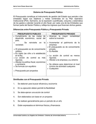 María Irene Dioses Navarrete Administración Pública
________________________________________________________________________________
_____________________________________________________________________________
Universidad Católica Los Ángeles de Chimbote / Sistema de Universidad Abierta
61
Sistema de Presupuesto Público
El Presupuesto constituye el instrumento de gestión del Estado que permite a las
entidades lograr sus objetivos y metas contenidas en su Plan Operativo
Institucional (POI). Asimismo, es la expresión cuantificada, conjunta y sistemática
de los gastos a atender durante el año fiscal, por cada una de las Entidades que
forman parte del Sector Público y refleja los ingresos que financian dichos gastos.
Diferencias entre Presupuesto Público y Presupuesto Privado
PRESUPUESTO PUBLICO PRESUPUESTO PRIVADO
 Cumplimiento de las metas de
desarrollo económico, social del
país.
 Se reinvierte en la
sociedad.
 El presupuesto es de conocimiento
público.
 Es rígido (se ciñe a lo establecido
en la ley.
 La acción de control es más
rigurosa.
 Afectan la política fiscal, económica
y cambiaria.
 Se formula con equilibrio
 Presupuesto por proyectos
 Alcanzar la mayor rentabilidad
sobre la inversión
 Incrementar el patrimonio de la
empresa
 El presupuesto es de conocimiento
privado.
 Es flexible
 La acción de control es menos
rigurosa.
 Afectan a la empresa y su entorno
 Se obtiene para determinar el nivel
mínimo de actividad cualquiera
 Cualquiera
Similitudes con el Presupuesto Privado
1. Se elaboran para buscar eficiencia y economía
2. En su ejecución deben permitir la flexibilidad
3. Se debe ejercer una acción de control
4. Son elaborados con base en un proyecto
5. Se realizan generalmente para un periodo de un año
6. Están expresados en términos físicos y financieros
 