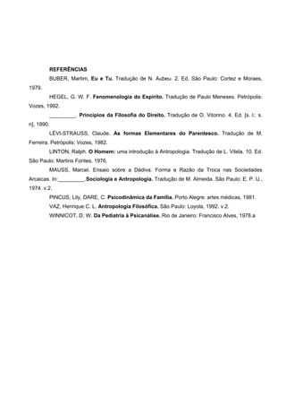 REFERÊNCIAS
        BUBER, Martim, Eu e Tu. Tradução de N. Aubeu. 2. Ed. São Paulo: Cortez e Moraes,
1979.
        HEGEL, G. W. F. Fenomenologia do Espírito. Tradução de Paulo Meneses. Petrópolis:
Vozes, 1992.
        _________. Princípios da Filosofia do Direito. Tradução de O. Vitorino. 4. Ed. [s. l.: s.
n], 1990.
        LÉVI-STRAUSS, Claude. As formas Elementares do Parentesco. Tradução de M.
Ferreira. Petrópolis: Vozes, 1982.
        LINTON, Ralph. O Homem: uma introdução à Antropologia. Tradução de L. Vilela. 10. Ed.
São Paulo: Martins Fontes, 1976.
        MAUSS, Marcel. Ensaio sobre a Dádiva. Forma e Razão da Troca nas Sociedades
Arcaicas. In:_________.Sociologia e Antropologia. Tradução de M. Almeida. São Paulo: E. P. U.,
1974. v.2.
        PINCUS, Lily, DARE, C. Psicodinâmica da Família. Porto Alegre: artes médicas, 1981.
        VAZ, Henrique C. L. Antropologia Filosófica. São Paulo: Loyola, 1992. v.2.
        WINNICOT, D. W. Da Pediatria à Psicanálise. Rio de Janeiro: Francisco Alves, 1978.a
 