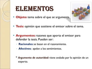 Elementos Objeto: tema sobre el que se argumenta. Tesis: opinión que sostiene el emisor sobre el tema. Argumentos: razones que aporta el emisor para defender la tesis. Pueden ser: Racionales: se basan en el razonamiento. Afectivos: apelan a los sentimientos. * Argumento de autoridad: viene avalado por la opinión de un experto.