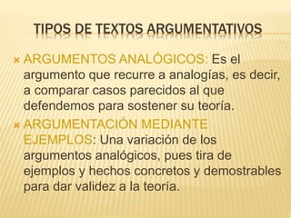 TIPOS DE TEXTOS ARGUMENTATIVOS
 ARGUMENTOS ANALÓGICOS: Es el
argumento que recurre a analogías, es decir,
a comparar casos parecidos al que
defendemos para sostener su teoría.
 ARGUMENTACIÓN MEDIANTE
EJEMPLOS: Una variación de los
argumentos analógicos, pues tira de
ejemplos y hechos concretos y demostrables
para dar validez a la teoría.
 