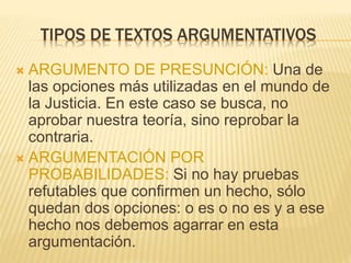 TIPOS DE TEXTOS ARGUMENTATIVOS
 ARGUMENTO DE PRESUNCIÓN: Una de
las opciones más utilizadas en el mundo de
la Justicia. En este caso se busca, no
aprobar nuestra teoría, sino reprobar la
contraria.
 ARGUMENTACIÓN POR
PROBABILIDADES: Si no hay pruebas
refutables que confirmen un hecho, sólo
quedan dos opciones: o es o no es y a ese
hecho nos debemos agarrar en esta
argumentación.
 