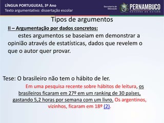 Tipos de argumentos
II – Argumentação por dados concretos:
estes argumentos se baseiam em demonstrar a
opinião através de estatísticas, dados que revelem o
que o autor quer provar.
Tese: O brasileiro não tem o hábito de ler.
Em uma pesquisa recente sobre hábitos de leitura, os
brasileiros ficaram em 27º em um ranking de 30 países,
gastando 5,2 horas por semana com um livro. Os argentinos,
vizinhos, ficaram em 18º (2).
LÍNGUA PORTUGUEAS, 3º Ano
Texto argumentativo: dissertação escolar
 