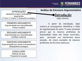 INTRODUÇÃO
Apresenta a tese e antecipa os
argumentos
(1º fome, 2º miséria, 3º desequilíbrio ecológico)
PRIMEIRO ARGUMENTO
Argumentação por exemplificação
Fome e miséria
SEGUNDO ARGUMENTO
Argumentação por exemplificação
Conflitos violentos
TERCEIRO ARGUMENTO
Argumentação por causa e consequência
Desequilíbrio ecológico
CONCLUSÃO
Reforço da tese
Proposta de solução
Análise da Estrutura Argumentativa
Introdução
(tipo roteiro)
A partir da introdução, (tipo
roteiro) já conseguimos identificar a linha
de argumentação do autor. O autor pretende
provar que os maiores problemas da
humanidade ainda não foram resolvidos,
para persuadir seu interlocutor dessa
posição, ele citará exemplos de imensos
problemas de diversas naturezas.
 