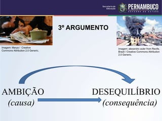 AMBIÇÃO DESEQUILÍBRIO
(causa) (consequência)
3º ARGUMENTO
Imagem: Marya / Creative
Commons Attribution 2.0 Generic.
Imagem: alexandro auler from Recife,
Brazil / Creative Commons Attribution
2.0 Generic.
 