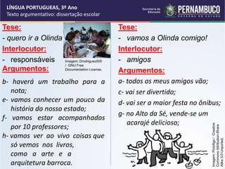 Tese:
- quero ir a Olinda
Interlocutor:
- responsáveis
Argumentos:
b- haverá um trabalho para a
nota;
e- vamos conhecer um pouco da
história do nosso estado;
f- vamos estar acompanhados
por 10 professores;
h- vamos ver ao vivo coisas que
só vemos nos livros,
como a arte e a
arquitetura barroca.
Tese:
- vamos a Olinda comigo!
Interlocutor:
- amigos
Argumentos:
a- todos os meus amigos vão;
c- vai ser divertido;
d- vai ser a maior festa no ônibus;
g- no Alto da Sé, vende-se um
acarajé delicioso;
LÍNGUA PORTUGUEAS, 3º Ano
Texto argumentativo: dissertação escolar
Imagem: Drodriguez505
/ GNU Free
Documentation License.
Imagem:
Pictofigo
/
Creative
Commons
Attribution-Share
Alike
3.0
Unported.
 