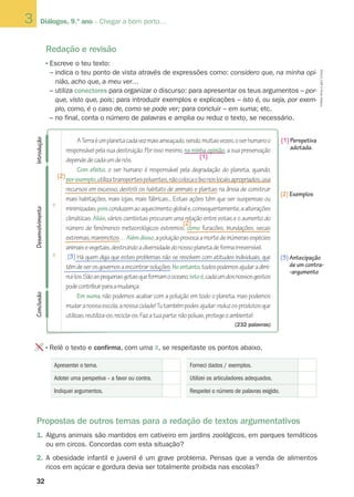 2 Diálogos, 9.º ano ­– Chegar a bom porto…
32
ATerraéumplanetacadavezmaisameaçado,sendo,muitasvezes,oserhumanoo
responsável pela sua destruição. Por isso mesmo, na minha opinião, a sua preservação
dependedecadaumdenós.
Com efeito, o ser humano é responsável pela degradação do planeta, quando,
porexemplo,utilizatransportespoluentes,nãocolocaolixonoslocaisapropriados,usa
recursos em excesso, destrói os habitats de animais e plantas na ânsia de construir
mais habitações, mais lojas, mais fábricas... Estas ações têm que ser suspensas ou
minimizadas,poisconduzemaoaquecimentoglobale,consequentemente,aalterações
climáticas. Aliás, vários cientistas procuram uma relação entre estas e o aumento do
número de fenómenos meteorológicos extremos, como furacões, inundações, secas
extremas,maremotos…Alémdisso,apoluiçãoprovocaamortedeinúmerasespécies
animaisevegetais,destruindoadiversidadedonossoplanetadeformairreversível.
Há quem diga que estes problemas não se resolvem com atitudes individuais, que
têmdeserosgovernosaencontrarsoluções.Noentanto,todospodemosajudaradimi-
nuí-los.Sãoaspequenasgotasqueformamooceano,istoé,cadaumdosnossosgestos
podecontribuirparaamudança.
Em suma, não podemos acabar com a poluição em todo o planeta, mas podemos
mudaranossaescola,anossacidade!Tutambémpodesajudar:reduzosprodutosque
utilizas,reutiliza-os,recicla-os.Fazatuaparte:nãopoluas,protegeoambiente!
(232 palavras)
DIAL9_CBP©PortoEditora
3
Redação e revisão
Escreve o teu texto:
– indica o teu ponto de vista através de expressões como: considero que, na minha opi-
nião, acho que, a meu ver…
– utiliza conectores para organizar o discurso: para apresentar os teus argumentos – por-
que, visto que, pois; para introduzir exemplos e explicações – isto é, ou seja, por exem-
plo, como, é o caso de, como se pode ver; para concluir – em suma; etc.
– no final, conta o número de palavras e amplia ou reduz o texto, se necessário.
IntroduçãoDesenvolvimentoConclusão
Relê o texto e confirma, com uma X, se respeitaste os pontos abaixo.
(1)
(2)
(2)
(3)
(1) Perspetiva
adotada.
(2) Exemplos
(3) Antecipação
de um contra­
‑argumento
Apresentei o tema.
Adotei uma perspetiva – a favor ou contra.
Indiquei argumentos.
Forneci dados / exemplos.
Utilizei os articuladores adequados.
Respeitei o número de palavras exigido.
Propostas de outros temas para a redação de textos argumentativos
1.	Alguns animais são mantidos em cativeiro em jardins zoológicos, em parques temáticos
ou em circos. Concordas com esta situação?
2.	A obesidade infantil e juvenil é um grave problema. Pensas que a venda de alimentos
ricos em açúcar e gordura devia ser totalmente proibida nas escolas?
 