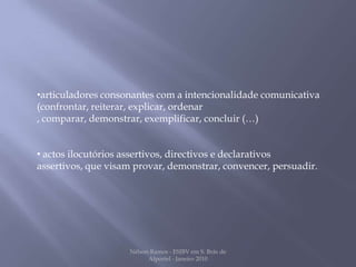  organizar os argumentos por ordem de importância  (crescente ou decrescente) e apresentá-los com  clareza e correcção.Nélson Ramos - ESJBV em S. Brás de Alportel - Janeiro 2010