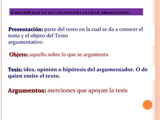 Características de los componentes del texto argumentativo Presentación:  parte del texto en la cual se da a conocer el tema y el objeto del Texto  argumentativo. Objeto:  aquello sobre lo que se argumenta Tesis:  idea, opinión o hipótesis del argumentador. O de quien emite el texto. Argumentos:  aserciones que apoyan la tesis 
