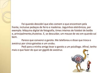 Foi quando descobri que eles comem o que encontram pela
frente, inclusive pedaços de ferro e madeiras. Joguinhos eletrônicos, por
exemplo. Máquina digital de fotografia, times inteiros de futebol de botão
e, principalmente,chuteiras. E, se descuidar, um mouse de vez em quando cai
bem.
Parece que convenci o garoto. Me telefonou e disse que troca o
avestruz por cinco gaivotas e um urubu.
Pedi para a minha amiga levar o garoto a um psicólogo. Afinal, tenho
mais o que fazer do que ser gigolô de avestruz.
 