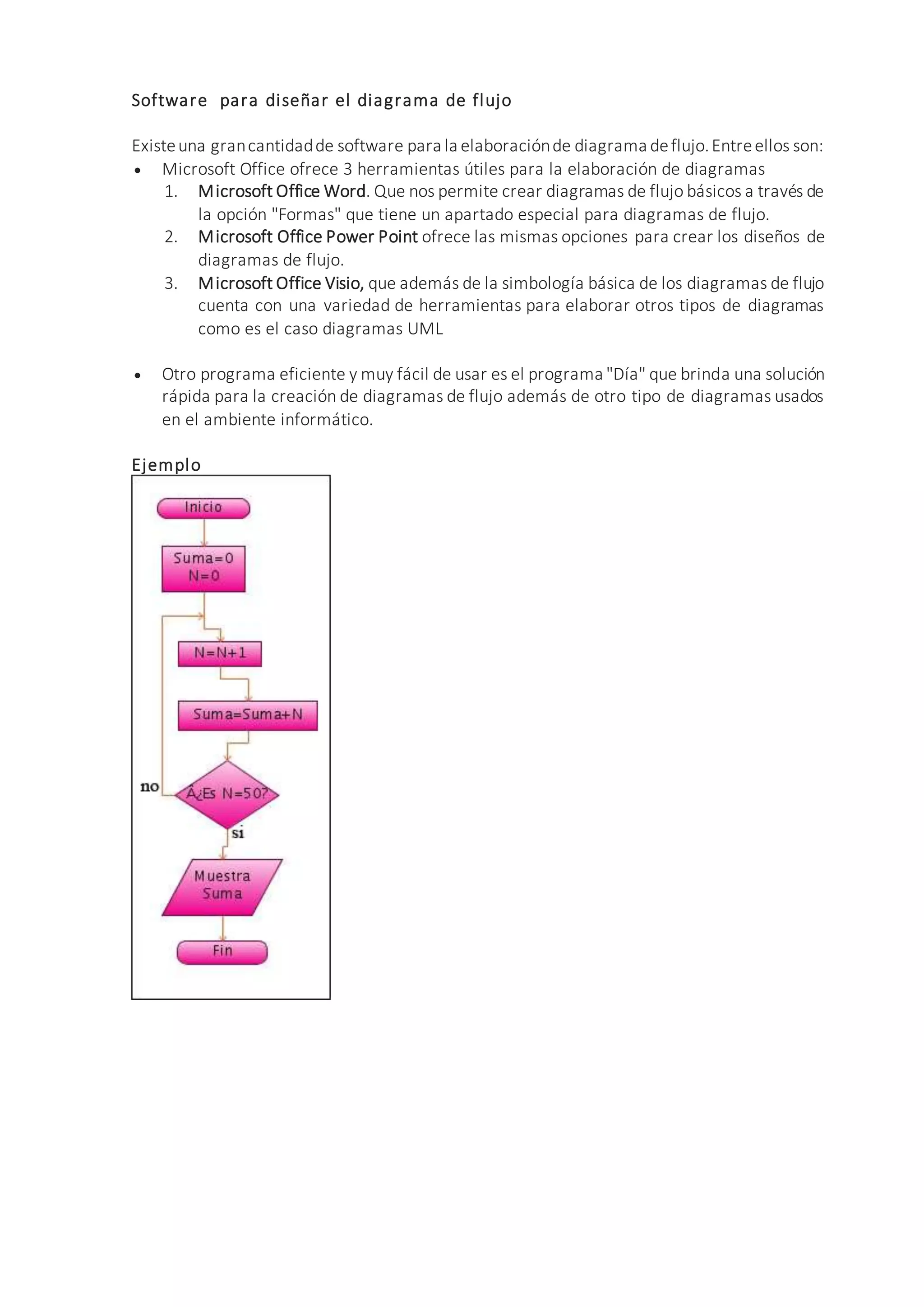 Software para diseñar el diagrama de flujo
Existeuna grancantidadde software para la elaboraciónde diagrama deflujo.Entreellos son:
 Microsoft Office ofrece 3 herramientas útiles para la elaboración de diagramas
1. Microsoft Office Word. Que nos permite crear diagramas de flujo básicos a través de
la opción "Formas" que tiene un apartado especial para diagramas de flujo.
2. Microsoft Office Power Point ofrece las mismas opciones para crear los diseños de
diagramas de flujo.
3. Microsoft Office Visio, que además de la simbología básica de los diagramas de flujo
cuenta con una variedad de herramientas para elaborar otros tipos de diagramas
como es el caso diagramas UML
 Otro programa eficiente y muy fácil de usar es el programa "Día" que brinda una solución
rápida para la creación de diagramas de flujo además de otro tipo de diagramas usados
en el ambiente informático.
Ejemplo
 