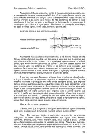 Introdução aos Estudos Lingüísticos Evani Viotti (USP)
22
Na primeira linha do esquema, temos a massa amorfa do pensamento,
e, na segunda, temos a massa amorfa fônica. O português faz um recorte nas
duas massas amorfas e cria o signo porco, cujo significado é nosso conceito do
animal [PORCO] e da carne que muitos de nós gostamos de comer, e cujo
significante é /porku/, ou seja, a seqüência de fonemas do português que é
usada para produzirmos o signo porco. No sistema do português, esse signo
se opõe a outros signos, como vaca, carneiro, galinha, etc.
Vejamos, agora, o que acontece no inglês:
massa amorfa do pensamento
massa amorfa fônica
Na mesma massa amorfa de pensamento, e na mesma massa amorfa
fônica, o inglês faz dois recortes: um deles cria o signo pig, que é o animal que
nós chamamos de porco; o outro cria o signo pork, que é a carne do animal
porco, que muitos de nós gostamos de comer. Cada um desses signos tem
seu próprio valor no sistema do inglês, e se definem pela oposição que
podemos fazer entre eles. Assim, enquanto em português o signo “porco” se
opõe a outros animais e suas carnes, em inglês, o signo pig se opõe a outros
animais, mas também ao signo pork, que é a carne do porco.
É por isso que, para Saussure, a língua é um princípio de classificação:
a língua é uma forma de interpretar, organizar e categorizar o mundo. De uma
mesma realidade, o português cria uma única categoria porco, que engloba
tanto o animal quanto sua carne, enquanto o inglês cria duas categorias: uma
para o animal, outra para a carne. Essa diferença entre os recortes feitos pelo
inglês e pelo português podem também ser vistas em outras categorizações. O
português tem um signo carneiro, que engloba tanto o animal quanto sua
carne; o inglês tem, novamente, dois signos diferentes: sheep para o animal,
e mutton para sua carne. O português tem um signo vaca, que abrange o
conceito do animal e de sua carne, enquanto o inglês o inglês tem dois signos,
cow e beef, para o animal e para a carne, respectivamente.
Mas, vocês poderiam perguntar:
--“Então, será que o inglês e o português sempre criam signos diferentes
para tudo, e categorizam o mundo de maneira sempre tão diferente?”
Não. Por exemplo, inglês e português parecem ter as mesmas
categorias de cores básicas, correspondentes aos signos preto, branco,
vermelho, amarelo, azul, verde, marrom, roxo, rosa, laranja e cinza. Outros
povos fazem recortes diferentes no espectro das cores. Alguns, por exemplo,
têm um único signo para expressar o que nós chamaríamos ou de azul, ou de
verde. Outros povos, ainda, têm apenas dois signos para todas as cores: um
 