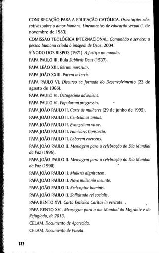 CONGREGAÇÃO P A R A A EDUCAÇÃO CATÓLICA. Orientações edu-
cativas sobre o amor humano. Lineamentos de educação sexual (1 d e
n o v e m b r o d e 1 9 8 3 ) .
COMISSÃO TEOLÓGICA I N T E R N A C I O N A L . Comunhão e serviço: a
pessoa humana criada à imagem de Deus. 2 0 0 4 .
SÍNODO D O S B I S P O S ( 1 9 7 1 ) . A Justiça no mundo.
P A P A P A U L O I I I . B u l a Sublimis Deus ( 1 5 3 7 ) .
P A P A LEÃO X I I I . Rerum novarum.
PAPAJOÃO X X I I I . Pacem in terris.
P A P A P A U L O V I . Discurso na Jornada do Desenvolvimento ( 2 3 d e
a g o s t o d e 1 9 6 8 ) .
P A P A P A U L O V I . Octogesima adveniens.
P A P A P A U L O V I . Populorum progressio.
PAPAJOÃO P A U L O I I . Carta às mulheres ( 2 9 d e j u n h o d e 1 9 9 5 ) .
PAPAJOÃO P A U L O I I . Centesimus annus.
PAPAJOÃO P A U L O I I . Evangelium vitae.
PAPAJOÃO P A U L O I I . Familiaris Consortio.
PAPAJOÃO P A U L O I I . Laborem exercens.
PAPAJOÃO P A U L O I I . Mensagem para a celebração do Dia Mundial
d a P a z ( 1 9 9 6 ) .
PAPAJOÃO P A U L O I I . Mensagem para a celebração do Dia Mundial
da Paz (1998).
PAPAJOÃO P A U L O I I . Mulieris dignitatem.
PAPAJOÃO P A U L O I I . Novo millennio ineunte.
PAPAJOÃO P A U L O I I . Redemptor hominis.
PAPAJOÃO P A U L O I I . Soilicitudo rei socialis.
P A P A B E N T O X V I . Carta Enciclica Caritas in veritate. .
P A P A B E N T O X V I . Mensagem para o dia Mundial do Migrante e do
Refugiado, de 2013.
C E L A M . Documento de Aparecida.
C E L A M . Documento de Puebla.
 