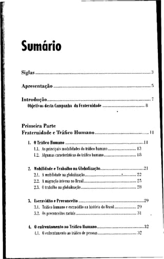 Sumário
S i g l a s 3
Apresentação 5
Introdução 7
Objetivos d e s t a C a m p a n l i a d a F r a t e r n i d a d e 8
P r i m e i r a P a r t e
F r a t e r n i d a d e e Tráfico H u m a n o 1 1
t. O Tráfico H u m a n o 1 1
1.1. As principais modalidades do Iráfico humano 1 3
1.2. Algumas caracleríslicas do tráfico humano 1 8
2. Mobilidade e T r a b a l h o n a Globalização 2 1
2.1. A mobilidade na globalização .'. 2 2
2.2. A migração interna no Brasil 2 5
2.3. O trabalho na globalização 2 8
3. Escravidão c P r e c o n c e i t o 2 9
3.1. Tráfico humano e escravidão na história do Brasil 2 9
3.2. Os preconceitos raciais 3 1
4. O e n f r e n t a m e n t o a o Tráfico H u m a n o 3 2
4.1. fl enfrentamento ao tráfico de pessoas 3 2
 