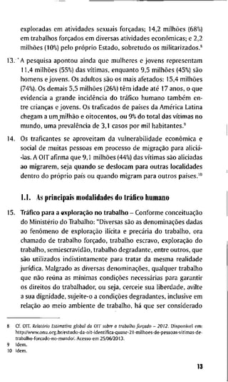 e x p l o r a d a s e m a t i v i d a d e s s e x u a i s forçadas; 1 4 , 2 milhões ( 6 8 % )
e m t r a b a l h o s forçados e m d i v e r s a s a t i v i d a d e s econômicas; e 2 , 2
milhões ( 1 0 % ) p e l o próprio E s t a d o , s o b r e t u d o o s m i l i t a r i z a d o s . *
1 3 . ' A p e s q u i s a a p o n t o u a i n d a q u e m u l h e r e s e j o v e n s r e p r e s e n t a m
1 1 , 4 milhões ( 5 5 % ) d a s vítimas, e n q u a n t o 9 , 5 milhões ( 4 5 % ) são
h o m e n s e j o v e n s . O s a d u l t o s são o s m a i s a f e t a d o s : 1 5 , 4 milhões
( 7 4 % ) . O s d e m a i s 5,5 milhões ( 2 6 % ) têm i d a d e até 1 7 a n o s , o q u e
e v i d e n c i a a g r a n d e incidência d o tráfico h u m a n o também e n -
t r e crianças e j o v e n s . O s t r a f i c a d o s d e países d a América L a t i n a
c h e g a m a um^milhão e o i t o c e n t o s , o u 9 % d o t o t a l d a s vítimas n o
m u n d o , u m a prevalência d e 3,1 c a s o s p o r m i l h a b i t a n t e s . '
1 4 . O s t r a f i c a n t e s s e a p r o v e i t a m d a v u l n e r a b i l i d a d e econômica e
s o c i a l d e m u i t a s p e s s o a s e m p r o c e s s o d e migração p a r a aliciá-
-las. A O I T a f i r m a q u e 9,1 milhões ( 4 4 % ) d a s vítimas são a l i c i a d a s
a o m i g r a r e m , s e j a q u a n d o s e d e s l o c a m p a r a o u t r a s l o c a l i d a d e s
d e n t r o d o próprio país o u q u a n d o m i g r a m p a r a o u t r o s países."*
1.1. A s p r i n c i p a i s m o d a l i d a d e s d o tráfico h u m a n o
1 5 . Tráfico p a r a a exploração n o t r a b a l h o - C o n f o r m e conceituação
d o Ministério d o T r a b a l h o : " D i v e r s a s são as denominações d a d a s
a o fenômeno d e exploração ilícita e precária d o t r a b a l h o , o r a
c h a m a d o d e t r a b a l h o forçado, t r a b a l h o e s c r a v o , exploração d o
t r a b a l h o , semiescravidão, t r a b a l h o d e g r a d a n t e , e n t r e o u t r o s , q u e
são u t i l i z a d o s i n d i s t i n t a m e n t e p a r a t r a t a r d a m e s m a r e a l i d a d e
jurídica. M a l g r a d o as d i v e r s a s denominações, q u a l q u e r t r a b a l h o
q u e não reúna a s mínimas condições necessárias p a r a g a r a n t i r
o s d i r e i t o s d o t r a b a l h a d o r , o u s e j a , c e r c e i e s u a l i b e r d a d e , a v i l t e
a s u a d i g n i d a d e , s u j e i t e - o a condições d e g r a d a n t e s , i n c l u s i v e e m
relação a o m e i o a m b i e n t e d e t r a b a l h o , há q u e s e r c o n s i d e r a d o
8 Cf. O I T . Relatório Estimativa global da OIT sobre o trabalho forçado - 2012. Disponível e m :
h t t p : / / w w w . o n u . o r g . b r / e s t u d o - d a - o i t - i d e n t i f l c a - q u a s e - 2 1 - m i l h o e s - d e - p e s s o a s - v i t i m a s - d e -
t r a b a l h o - f o r c a d o - n o - m u n d o / . A c e s s o e m 2 5 / 0 6 / 2 0 1 3 .
9 I d e m .
1 0 I d e m .
13
 