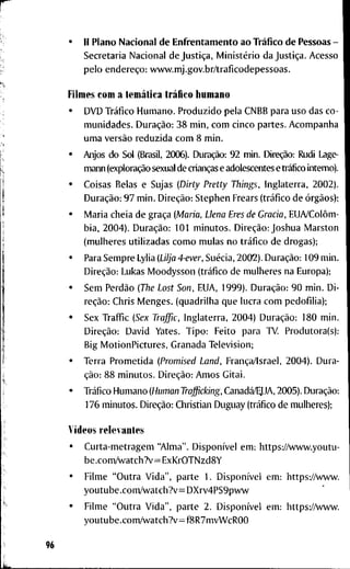 • II P l a n o N a c i o n a l d e E n f r e n t a m e n t o a o Tráfico d e P e s s o a s -
S e c r e t a r i a N a c i o n a l d e Justiça, Ministério d a Justiça. A c e s s o
p e l o endereço: w w w . m j . g o v . b r / t r a f i c o d e p e s s o a s .
F i l m e s c o m a temática tráfico h u m a n o
• D V D Tráfico H u m a n o . P r o d u z i d o p e l a C N B B p a r a u s o d a s c o -
m u n i d a d e s . Duração: 3 8 m i n , c o m c i n c o p a r t e s . A c o m p a n h a
u m a versão r e d u z i d a c o m 8 m i n .
• /njos d o Sol (Brasil, 2 0 0 6 ) . Duração: 9 2 m i n . Direção: Rudi Lage-
m a n n (exploração sexual d e crianças e adolescentes e tráfico interno).
• C o i s a s B e l a s e S u j a s (Dirty Pretty Things, I n g l a t e r r a , 2 0 0 2 ) .
Duração: 9 7 m i n . Direção: S t e p h e n F r e a r s (tráfico d e órgãos);
• M a r i a c h e i a d e graça (Maria, Uena Eres de Gracia, EU/VColôm-
b i a , 2 0 0 4 ) . Duração: 1 0 1 m i n u t o s . Direção: J o s h u a M a r s t o n
( m u l h e r e s u r i l i z a d a s c o m o m u l a s n o tráfico d e d r o g a s ) ;
• P a r a S e m p r e Lylia {Lilja 4-ever, Suécia, 2 0 0 2 ) . Duração: 1 0 9 m i n .
Direção: L u k a s M o o d y s s o n (tráfico d e m u l h e r e s n a E u r o p a ) ;
• S e m Perdão (Tfte Lost Son, E U A , 1 9 9 9 ) . Duração: 9 0 m i n . D i -
reção: C h r i s M e n g e s . ( q u a d r i l h a q u e l u c r a c o m p e d o f i l i a ) ;
• S e x T r a f f i c {Sex Trajfic, I n g l a t e r r a , 2 0 0 4 ) Duração: 1 8 0 m i n .
Direção: D a v i d Y a t e s . T i p o : F e i t o p a r a T V . P r o d u t o r a ( s ) :
B i g M o r i o n P i c t u r e s , G r a n a d a T e l e v i s i o n ;
• T e r r a P r o m e d d a (Promised Land, França/Israel, 2 0 0 4 ) . D u r a -
ção: 8 8 m i n u t o s . Direção: A m o s G i t a i .
• Tráfico H u m a n o (Hwnan TraffiMng, Canadá/^UA, 2 0 0 5 ) . Duração:
1 7 6 m i n u t o s . Direção: C h r i s t i a n D u g u a y (tráfico d e m u l h e r e s ) ;
Vídeos r e l e v a n t e s
• C u r t a - m e t r a g e m " A l m a " . Disponível e m : h t t p s : / / v w w . y o u t u -
b e . c o m / w a t c h ? v = E x K r O T N z d 8 Y
• F i l m e " O u t r a V i d a " , p a r t e 1 . Disponível e m : h t t p s : / / v i w w .
y o u t u b e . c o m / w a t c h ? v = D X r v 4 P S 9 p v w
• F i l m e " O u t r a V i d a " , p a r t e 2 . Disponível e m : h t t p s : / / w w w .
y o u t u b e . c o m / w a t c h ? v = f 8 R 7 m v W c R 0 0
 