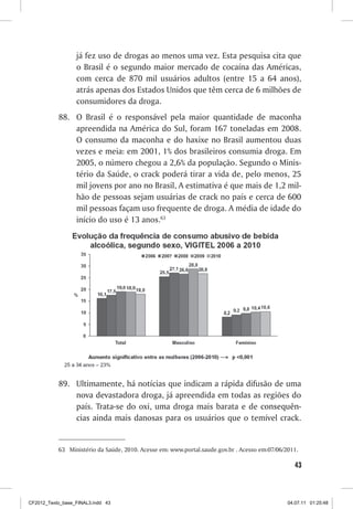 já fez uso de drogas ao menos uma vez. Esta pesquisa cita que
                  o Brasil é o segundo maior mercado de cocaína das Américas,
                  com cerca de 870 mil usuários adultos (entre 15 a 64 anos),
                  atrás apenas dos Estados Unidos que têm cerca de 6 milhões de
                  consumidores da droga.
           88.	 O Brasil é o responsável pela maior quantidade de maconha
                apreendida na América do Sul, foram 167 toneladas em 2008.
                O consumo da maconha e do haxixe no Brasil aumentou duas
                vezes e meia: em 2001, 1% dos brasileiros consumia droga. Em
                2005, o número chegou a 2,6% da população. Segundo o Minis-
                tério da Saúde, o crack poderá tirar a vida de, pelo menos, 25
                mil jovens por ano no Brasil, A estimativa é que mais de 1,2 mil-
                hão de pessoas sejam usuárias de crack no país e cerca de 600
                mil pessoas façam uso frequente de droga. A média de idade do
                início do uso é 13 anos.63




           89.	 Ultimamente, há notícias que indicam a rápida difusão de uma
                nova devastadora droga, já apreendida em todas as regiões do
                país. Trata-se do oxi, uma droga mais barata e de�����������
                                                                  consequên-
                cias ainda mais danosas para os usuários que o temível crack.


           63	 Ministério da Saúde, 2010. Acesse em: www.portal.saude.gov.br . Acesso em:07/06/2011.

                                                                                                  43



CF2012_Texto_base_FINAL3.indd 43                                                                04.07.11 01:25:48
 