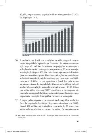 13,15%, ao passo que a população idosa ultrapassará os 22,17%
                  da população total.




           56. A melhoria, no Brasil, das condições de vida em geral trouxe
               maior longevidade à população. O número de idosos aumentou
               e já chega a 21 milhões de pessoas. As projeções apontam para
               a duplicação deste contingente nos próximos 20 anos, ou seja,
               ampliação de 8% para 15%. Por outro lado, o percentual de crian-
               ças e jovens está em queda. Uma das explicações para este fato é
               a diminuição do índice de fecundidade por casal, que, em 2008,
               caiu para 1,8 filhos, o que aproxima o Brasil dos países com
               as menores taxas de fecundidade. Como a mortalidade infantil
               ainda é alta em relação aos melhores indicadores - 19,88 óbitos
               por mil nascidos vivos em 201028 - verifica-se a preocupante di-
               minuição percentual da faixa etária mais jovem. Portanto, uma
               impactante transição demográfica está em curso no país.
           57. A julgar pelas projeções, esta transição demográfica mudará a
               face da população brasileira. Segundo estimativas, em 2050,
               haverá 100 milhões de indivíduos com mais de 50 anos, cau-
               sando reflexos diretos no campo da saúde. De acordo com o

           28 The Lancet. Saúde no Brasil, maio de 2011. Acesse em: www.thelancet.com.br . Acesso em
              07/06/2011.

                                                                                                 31



CF2012_Texto_base_FINAL3.indd 31                                                               04.07.11 01:25:46
 