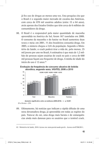 já fez uso de drogas ao menos uma vez. Esta pesquisa cita que
                  o Brasil é o segundo maior mercado de cocaína das Américas,
                  com cerca de 870 mil usuários adultos (entre 15 a 64 anos),
                  atrás apenas dos Estados Unidos que têm cerca de 6 milhões de
                  consumidores da droga.
           88. O Brasil é o responsável pela maior quantidade de maconha
               apreendida na América do Sul, foram 167 toneladas em 2008.
               O consumo da maconha e do haxixe no Brasil aumentou duas
               vezes e meia: em 2001, 1% dos brasileiros consumia droga. Em
               2005, o número chegou a 2,6% da população. Segundo o Minis-
               tério da Saúde, o crack poderá tirar a vida de, pelo menos, 25
               mil jovens por ano no Brasil, A estimativa é que mais de 1,2 mil-
               hão de pessoas sejam usuárias de crack no país e cerca de 600
               mil pessoas façam uso frequente de droga. A média de idade do
               início do uso é 13 anos.63




           89. Ultimamente, há notícias que indicam a rápida difusão de uma
               nova devastadora droga, já apreendida em todas as regiões do
               país. Trata-se do oxi, uma droga mais barata e de consequên-
               cias ainda mais danosas para os usuários que o temível crack.


           63 Ministério da Saúde, 2010. Acesse em: www.portal.saude.gov.br . Acesso em:07/06/2011.

                                                                                                 43



CF2012_Texto_base_FINAL3.indd 43                                                               04.07.11 01:25:48
 