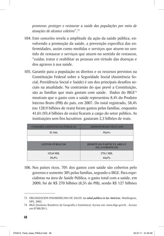 promover, proteger e restaurar a saúde das populações por meio de
                atuações de alcance coletivo”.73
         104. Este conceito revela a amplitude da ação da saúde pública, en-
              volvendo a promoção da saúde, a prevenção específica das en-
              fermidades, assim como medidas e serviços que atuem no sen-
              tido de restaurar e serviços que atuem no sentido de restaurar,
              “cuidar, tratar e reabilitar as pessoas em virtude das doenças e
              dos agravos à sua saúde.
         105. Garantir para a população os direitos e os recursos previstos na
              Constituição Federal sobre a Seguridade Social (Assistência So-
              cial, Previdência Social e Saúde) é um dos principais desafios so-
              ciais na atualidade. Na contramão do que prevê a Constituição,
              são as famílias que mais gastam com saúde. Dados do IBGE74
              mostram que o gasto com a saúde representou 8,4% do Produto
              Interno Bruto (PIB) do país, em 2007. Do total registrado, 58,4%
              (ou 128,9 bilhões de reais) foram gastos pelas famílias, enquanto
              41,6% (93,4 bilhões de reais) ficaram a cargo do setor público. As
              instituições sem fins lucrativos gastaram 2,3 bilhões de reais.




         106. Nos países ricos, 70% dos gastos com saúde são cobertos pelo
              governo e somente 30% pelas famílias, segundo o IBGE. Para espe-
              cialistas na área de Saúde Pública, o gasto total com a saúde, em
              2009, foi de R$ 270 bilhões (8,5% do PIB), sendo R$ 127 bilhões


         73 ORGANIZACION PANAMERICANA DE SALUD. La salud publica en las Américas. Washington,
            OPS, 2002.
         74 IBGE (Instituto Brasileiro de Geografia e Estatística). Acesse em: www.ibge.gov.br . Acesso
            em 07/06/2011.


        48



CF2012_Texto_base_FINAL3.indd 48                                                                    04.07.11 01:25:49
 