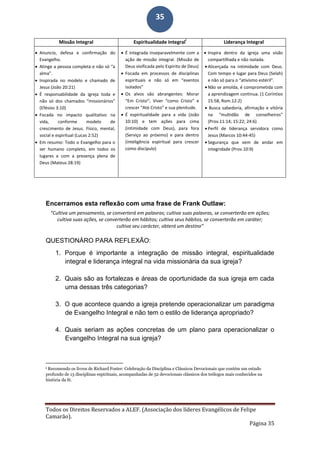 Todos os Direitos Reservados a ALEF. (Associação dos líderes Evangélicos de Felipe
Camarão).
Página 35
35
Missão Integral Espiritualidade Integral
i
Liderança Integral
 Anuncio, defesa e confirmação do
Evangelho.
 Atinge a pessoa completa e não só “a
alma”.
 Inspirada no modelo e chamado de
Jesus (João 20:21)
 É responsabilidade da igreja toda e
não só dos chamados “missionários”
(Efésios 3:10)
 Focada no impacto qualitativo na
vida, conforme modelo de
crescimento de Jesus. Físico, mental,
social e espiritual (Lucas 2:52)
 Em resumo: Todo o Evangelho para o
ser humano completo, em todos os
lugares e com a presença plena de
Deus (Mateus 28:19)
 É integrada inseparavelmente com a
ação de missão integral. (Missão de
Deus vivificada pelo Espirito de Deus)
 Focada em processos de disciplinas
espirituais e não só em “eventos
isolados”
 Os alvos são abrangentes: Morar
“Em Cristo”; Viver “como Cristo” e
crescer “Até Cristo” e sua plenitude.
 É espiritualidade para a vida (João
10:10) e tem ações para cima
(intimidade com Deus), para fora
(Serviço ao próximo) e para dentro
(inteligência espiritual para crescer
como discípulo)
 Inspira dentro da igreja uma visão
compartilhada e não isolada.
 Alicerçada na intimidade com Deus.
Com tempo e lugar para Deus (Selah)
e não só para o “ativismo estéril”.
 Não se amolda, é comprometida com
a aprendizagem continua. (1 Coríntios
15:58, Rom.12:2)
 Busca sabedoria, afirmação e vitória
na “multidão de conselheiros”
(Prov.11:14; 15:22; 24:6)
 Perfil de liderança servidora como
Jesus (Marcos 10:44-45)
 Segurança que vem de andar em
integridade (Prov.10:9)
Encerramos esta reflexão com uma frase de Frank Outlaw:
“Cultiva um pensamento, se converterá em palavras; cultiva suas palavras, se converterão em ações;
cultiva suas ações, se converterão em hábitos; cultiva seus hábitos, se converterão em caráter;
cultiva seu carácter, obterá um destino”
QUESTIONÁRO PARA REFLEXÃO:
1. Porque é importante a integração de missão integral, espiritualidade
integral e liderança integral na vida missionária da sua igreja?
2. Quais são as fortalezas e áreas de oportunidade da sua igreja em cada
uma dessas três categorias?
3. O que acontece quando a igreja pretende operacionalizar um paradigma
de Evangelho Integral e não tem o estilo de liderança apropriado?
4. Quais seriam as ações concretas de um plano para operacionalizar o
Evangelho Integral na sua igreja?
i Recomendo os livros de Richard Foster: Celebração da Disciplina e Clássicos Devocionais que contém um estudo
profundo de 13 disciplinas espirituais, acompanhadas de 52 devocionais clássicos dos teólogos mais conhecidos na
história da fé.
 