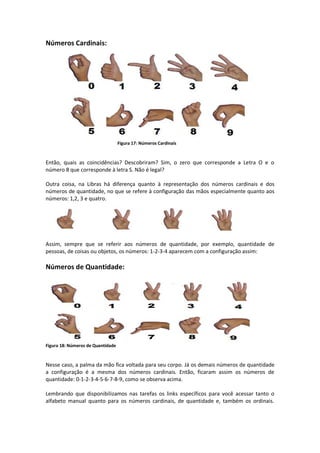 Números Cardinais:
Figura 17: Números Cardinais
Então, quais as coincidências? Descobriram? Sim, o zero que corresponde a Letra O e o
número 8 que corresponde à letra S. Não é legal?
Outra coisa, na Libras há diferença quanto à representação dos números cardinais e dos
números de quantidade, no que se refere à configuração das mãos especialmente quanto aos
números: 1,2, 3 e quatro.
Assim, sempre que se referir aos números de quantidade, por exemplo, quantidade de
pessoas, de coisas ou objetos, os números: 1-2-3-4 aparecem com a configuração assim:
Números de Quantidade:
Figura 18: Números de Quantidade
Nesse caso, a palma da mão fica voltada para seu corpo. Já os demais números de quantidade
a configuração é a mesma dos números cardinais. Então, ficaram assim os números de
quantidade: 0-1-2-3-4-5-6-7-8-9, como se observa acima.
Lembrando que disponibilizamos nas tarefas os links específicos para você acessar tanto o
alfabeto manual quanto para os números cardinais, de quantidade e, também os ordinais.
 