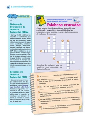 14     EL AGUA Y NUESTRO MEDIO AMBIENTE




                   AGUADATOS
                                                           Ahora detengámonos a revisar
                                                           cuánto hemos aprendido.                         Trabajo
                                                                                                        Personal

     Sistema de
     Evaluación de
                                                           Palabras cruzadas
                                           Como habrás visto, la solución de los problemas
     Impacto                               ambientales no es sólo responsabilidad de las
     Ambiental (SEIA)                      autoridades, sino también requiere del compromiso
                                           de cada uno de nosotros.
     • La Ley 19.300 establece los
     proyectos o actividades que
     deben someterse al SEIA, entre                          1
     los que se encuentran obras                                                    4        5
     hidráulicas en cuerpos de agua,
     como acueductos, embalses,
     sifones, drenajes, desecación,
     dragado, defensas de riberas,
     etc. Establece además que dicho
     SEIA deberá elaborarse si se                2
     generan efectos adversos signi-
     ficativos sobre la cantidad y cali-
     dad de recursos naturales como
     el agua. También permite esta-                                   3
     blecer planes de manejo, pre-
     vención y descontaminación, los
                                                                            6
     cuales deben incluir la manten-
     ción de caudales de agua en los       Descubre las palabras que se
     cauces.                               requieren para completar las
                                           siguientes frases:
     Estudios de
     Impacto                                                                           paíse     s funcionen.
                                                                      permiten que los
                                           1 Las
     Ambiental (EIA)                                                             consiste en mejor
                                                                                                     ar la cali-
     • Los contenidos mínimos               2 El desarrollo                             perjudica  r el medio
                                                                    las personas sin
     que deben tener los EIA                  dad de vida de
     incluyen la caracterización y            ambiente.
                                                                                                         tal es
     análisis del clima, hidrogeo-                                                    política ambien
                                                                 objetivos de la
     logía, limnología e hidrología.        3 Uno de los                               edio ambiente.
     También se regulan los con-                                    el deterioro del m
                                                                                             blico descentrali-
     tenidos de los EIA cuando                                           es un servicio pú
                                                                                                      rrollo sus-
     se explora o se explota agua            4 La                                  velar por el desa
     subterránea, o cuando se                  zado cuyo ob    jetivo principal es
     construye un tranque de                    tentable del país.
     relave, o cuando se vacían                                                                 ión de embalses
                                                                             que la construcc
     residuos líquidos a los cuer-            5 La Ley   19.300 establece                            de impacto
                                                                               de
     pos de agua, etc.                           debe som  eterse al sistema
                                                 ambiental.
                                                                                                              ados
                                                                                           s temas relacion
                                                                          de Aguas rige lo
                                              6 El                                       iento.
                                                                       y su aprovecham
                                                  al recurso hídrico
 