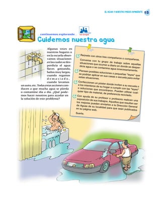 EL AGUA Y NUESTRO MEDIO AMBIENTE
                                                                                                              15




                                                     Trabajo
             …continuemos explorando…             en Grupo


             Cuidemos nuestra agua
                     Algunas veces en
                     nuestros hogares o
                     en la escuela obser-
                     vamos situaciones
                                              R Reúnete con otros tres compañeros o compa
                                                  Conversa con                            ñeras.
                     en las cuales se des-                          tu grupo de
                                                  situaciones qu                  trabajo sobre
                                                                  e ocurren a diar                aquellas
                     perdicia el agua:            dicia agua o se                  io en donde se
                                                                   contamina agua                 desper-
                     llaves goteando,                                                 innecesariamen
                     baños muy largos,       R   Piensen posibl
                                                 se podrían ap
                                                                  es soluciones
                                                                                o pequeñas "l
                                                                                                     te.
                     cuando regamos                             licar en sus ca                 eyes" que
                                                 estas situacio                sas o escuela
                     demasiado,                                 nes.                          para evitar
                     cuando lavamos          R a losfeccionen un póster donde inviten a
                                               Con
un auto, etc. Todas estas acciones con-              mie   mbros de su ho               su       escuela o
                                                 o soluciones               gar a cumplir
ducen a que mucha agua se pierda                               que encontraro              con las "leyes
                                                                                 n. Pueden utili          "
o contamine día a día. ¿Qué pode-                quier tipo de m                                  zar cual-
                                                                 aterial, de pref
                                                                                  erencia reciclad
mos hacer nosotros para ayudar en
la solución de este problema?
                                         R       Con ayuda de
                                                exposición de
                                                                su profesor o
                                                                                  profesora real
                                                                                                   o.
                                                               sus trabajos. A                   icen una
                                                los mejores pu                  quellos que re
                                                               eden enviarlos                  sulten ser
                                               de Aguas de su                     a la Dirección
                                                                 localidad para                   General
                                               en su página w                      que sean publ
                                                               eb.                                 icados
                                               Suerte.
 