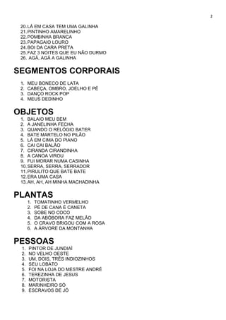 2
20.LÁ EM CASA TEM UMA GALINHA
21.PINTINHO AMARELINHO
22.POMBINHA BRANCA
23.PAPAGAIO LOURO
24.BOI DA CARA PRETA
25.FAZ 3 NOITES QUE EU NÃO DURMO
26. AGÁ, AGÁ A GALINHA
SEGMENTOS CORPORAIS
1. MEU BONECO DE LATA
2. CABEÇA, OMBRO, JOELHO E PÉ
3. DANÇO ROCK POP
4. MEUS DEDINHO
OBJETOS
1. BALAIO MEU BEM
2. A JANELINHA FECHA
3. QUANDO O RELÓGIO BATER
4. BATE MARTELO NO PILÃO
5. LÁ EM CIMA DO PIANO
6. CAI CAI BALÃO
7. CIRANDA CIRANDINHA
8. A CANOA VIROU
9. FUI MORAR NUMA CASINHA
10.SERRA, SERRA, SERRADOR
11.PIRULITO QUE BATE BATE
12.ERA UMA CASA
13.AH, AH, AH MINHA MACHADINHA
PLANTAS
1. TOMATINHO VERMELHO
2. PÉ DE CANA É CANETA
3. SOBE NO COCO
4. DA ABÓBORA FAZ MELÃO
5. O CRAVO BRIGOU COM A ROSA
6. A ÁRVORE DA MONTANHA
PESSOAS
1. PINTOR DE JUNDIAÍ
2. NO VELHO OESTE
3. UM, DOIS, TRÊS INDIOZINHOS
4. SEU LOBATO
5. FOI NA LOJA DO MESTRE ANDRÉ
6. TEREZINHA DE JESUS
7. MOTORISTA
8. MARINHEIRO SÓ
9. ESCRAVOS DE JÓ
 