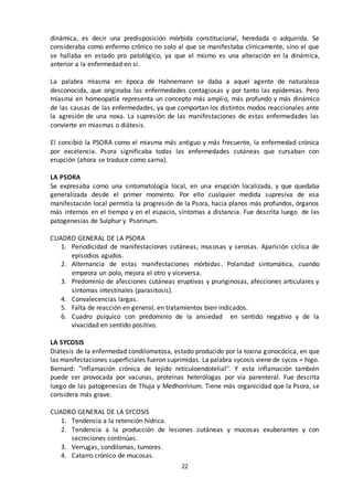 22
dinámica, es decir una predisposición mórbida constitucional, heredada o adquirida. Se
consideraba como enfermo crónico no solo al que se manifestaba clínicamente, sino el que
se hallaba en estado pro patológico, ya que el mismo es una alteración en la dinámica,
anterior a la enfermedad en sí.
La palabra miasma en época de Hahnemann se daba a aquel agente de naturaleza
desconocida, que originaba las enfermedades contagiosas y por tanto las epidemias. Pero
miasma en homeopatía representa un concepto más amplio, más profundo y más dinámico
de las causas de las enfermedades, ya que comportan los distintos modos reaccionales ante
la agresión de una noxa. La supresión de las manifestaciones de estas enfermedades las
convierte en miasmas o diátesis.
El concibió la PSORA como el miasma más antiguo y más frecuente, la enfermedad crónica
por excelencia. Psora significaba todas las enfermedades cutáneas que cursaban con
erupción (ahora se traduce como sarna).
LA PSORA
Se expresaba como una sintomatología local, en una erupción localizada, y que quedaba
generalizada desde el primer momento. Por ello cualquier medida supresiva de esa
manifestación local permitía la progresión de la Psora, hacia planos más profundos, órganos
más internos en el tiempo y en el espacio, síntomas a distancia. Fue descrita luego de las
patogenesias de Sulphur y Psorinum.
CUADRO GENERAL DE LA PSORA
1. Periodicidad de manifestaciones cutáneas, mucosas y serosas. Aparición cíclica de
episodios agudos.
2. Alternancia de estas manifestaciones mórbidas. Polaridad sintomática, cuando
empeora un polo, mejora el otro y viceversa.
3. Predominio de afecciones cutáneas eruptivas y pruriginosas, afecciones articulares y
síntomas intestinales (parasitosis).
4. Convalecencias largas.
5. Falta de reacción en general, en tratamientos bien indicados.
6. Cuadro psíquico con predominio de la ansiedad en sentido negativo y de la
vivacidad en sentido positivo.
LA SYCOSIS
Diátesis de la enfermedad condilomatosa, estado producido por la toxina gonocócica, en que
las manifestaciones superficiales fueron suprimidas. La palabra sycosis viene de sycos = higo.
Bernard: "inflamación crónica de tejido reticuloendotelial". Y esta inflamación también
puede ser provocada por vacunas, proteínas heterólogas por vía parenteral. Fue descrita
luego de las patogenesias de Thuja y Medhorrinum. Tiene más organicidad que la Psora, se
considera más grave.
CUADRO GENERAL DE LA SYCOSIS
1. Tendencia a la retención hídrica.
2. Tendencia a la producción de lesiones cutáneas y mucosas exuberantes y con
secreciones continúas.
3. Verrugas, condilomas, tumores.
4. Catarro crónico de mucosas.
 