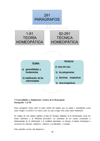 26
1º Generalidades y fundamentos teóricos de la Homeopatía
(Parágrafos 1 al 70)
Estos parágrafos tratan sobre la única misión del médico que es curar y entendiendo como
curar a lograr restablecer la salud, y una vez que se logre esto como saber mantenerla.
Se explica de una manera sintética el plan de Técnicas utilizadas en la Homeopatía, como los
temas referentes a la Medicina preventiva. La enseñanza de las causas ocasionales y
fundamentales de la enfermedad y la totalidad sintomática, se instruye al médico homeópata a
reconocer los síntomas subjetivos, objetivos y accidentales o casuales.
Estos párrafos son los más llamativos:
291
PARÀGRAFOS
1-81
TEORÌA
HOMEOPÀTICA
82-291
TÈCNICA
HOMEOPÀTICA
 