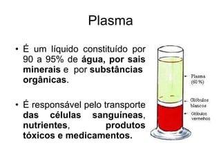 Plasma É um líquido constituído por 90 a 95% de  água, por   sais minerais  e  por  substâncias   orgânicas . É responsável pelo transporte  das células sanguíneas ,  nutrientes ,  produtos tóxicos e medicamentos. 