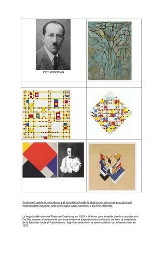 PIET MONDRIAN




Evolucionó desde el naturalismo y el simbolismo hasta la abstracción de la cual es el principal
representante inaugural junto a los rusos Vasili Kandinski y Kazimir Malévich.



La llegada del holandés Theo van Doesburg en 1921 a Weimar para enseñar diseño y arquitectura
De Stijl, rompería fuertemente con esta tendencia expresionista y enfocaría de lleno la enseñanza
de la Bauhaus hacia el Racionalismo. Significaría también la desvinculación de Johannes Itten en
1923.
 