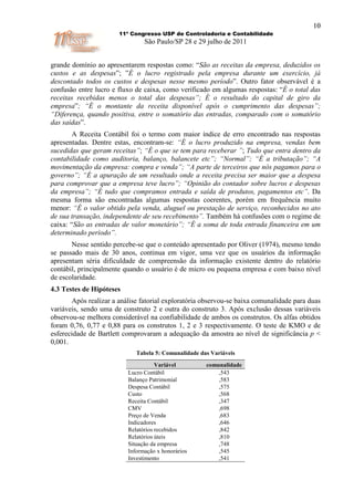 10
                       11º Congresso USP de Controladoria e Contabilidade
                                São Paulo/SP 28 e 29 julho de 2011


grande domínio ao apresentarem respostas como: “São as receitas da empresa, deduzidos os
custos e as despesas”; ”É o lucro registrado pela empresa durante um exercício, já
descontado todos os custos e despesas nesse mesmo período”. Outro fator observável é a
confusão entre lucro e fluxo de caixa, como verificado em algumas respostas: “É o total das
receitas recebidas menos o total das despesas”; É o resultado do capital de giro da
empresa”; “É o montante da receita disponível após o cumprimento das despesas”;
“Diferença, quando positiva, entre o somatório das entradas, comparado com o somatório
das saídas”.
        A Receita Contábil foi o termo com maior índice de erro encontrado nas respostas
apresentadas. Dentre estas, encontram-se: “É o lucro produzido na empresa, vendas bem
sucedidas que geram receitas”; “É o que se tem para receberar ”; Tudo que entra dentro da
contabilidade como auditoria, balanço, balancete etc”; “Normal”; “É a tributação”; “A
movimentação da empresa: compra e venda”; “A parte de terceiros que nós pagamos para o
governo”; “É a apuração de um resultado onde a receita precisa ser maior que a despesa
para comprovar que a empresa teve lucro”; “Opinião do contador sobre lucros e despesas
da empresa”; “É tudo que compramos entrada e saída de produtos, pagamentos etc”. Da
mesma forma são encontradas algumas respostas coerentes, porém em frequência muito
menor: “É o valor obtido pela venda, aluguel ou prestação de serviço, reconhecidos no ato
de sua transação, independente de seu recebimento”. Também há confusões com o regime de
caixa: “São as entradas de valor monetário”; “É a soma de toda entrada financeira em um
determinado período”.
       Nesse sentido percebe-se que o conteúdo apresentado por Oliver (1974), mesmo tendo
se passado mais de 30 anos, continua em vigor, uma vez que os usuários da informação
apresentam séria dificuldade de compreensão da informação existente dentro do relatório
contábil, principalmente quando o usuário é de micro ou pequena empresa e com baixo nível
de escolaridade.
4.3 Testes de Hipóteses
       Após realizar a análise fatorial exploratória observou-se baixa comunalidade para duas
variáveis, sendo uma de construto 2 e outra do construto 3. Após exclusão dessas variáveis
observou-se melhora considerável na confiabilidade de ambos os construtos. Os alfas obtidos
foram 0,76, 0,77 e 0,88 para os construtos 1, 2 e 3 respectivamente. O teste de KMO e de
esferecidade de Bartlett comprovaram a adequação da amostra ao nível de significância p <
0,001.
                             Tabela 5: Comunalidade das Variáveis

                                     Variável         comunalidade
                          Lucro Contábil                  ,543
                          Balanço Patrimonial             ,583
                          Despesa Contábil                ,575
                          Custo                           ,568
                          Receita Contábil                ,347
                          CMV                             ,698
                          Preço de Venda                  ,683
                          Indicadores                     ,646
                          Relatórios recebidos            ,842
                          Relatórios úteis                ,810
                          Situação da empresa             ,748
                          Informação x honorários         ,545
                          Investimento                    ,541
 