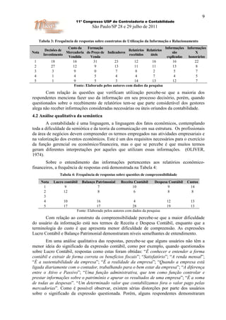 9
                           11º Congresso USP de Controladoria e Contabilidade
                                    São Paulo/SP 28 e 29 julho de 2011


     Tabela 3: Frequência de respostas sobre construtos de Utilização da Informação e Relacionamento
                      Custo da   Formação                                       Informações Informações
         Decisões de                                      Relatórios Relatórios
Nota                 Mercadoria do Preço de Indicadores                             são          X
        Investimento                                      recebidos    úteis
                      Vendida      Venda                                         explicadas  honorários
 1           18         16          31           23          12         16           16          22
 2           27         12           9           13          11         11           13          8
 3            3          9           0            7           8          2            5           7
 4            1          4           5            4           4          7            4           5
 5            1          9           5            3          14         13           12          7
                         Fonte: Elaborado pelos autores com dados da pesquisa
       Com relação às questões que verificam utilização percebe-se que a maioria dos
respondentes menciona fazer uso da informação em seu processo decisório, porém, quando
questionados sobre o recebimento de relatórios tem-se que parte considerável dos gestores
alega não receber informações consideradas necessárias ou úteis oriundos da contabilidade.
4.2 Análise qualitativa da semântica
        A contabilidade é uma linguagem, a linguagem dos fatos econômicos, contemplando
toda a dificuldade da semiótica e da teoria da comunicação em sua estrutura. Os profissionais
da área de negócios devem compreender os termos empregados nas atividades empresariais e
na valorização dos eventos econômicos. Este é um dos requisitos necessários para o exercício
da função gerencial ou econômico/financeira, mas o que se percebe é que muitos termos
geram diferentes interpretações por aqueles que utilizam essas informações. (OLIVER,
1974).
       Sobre o entendimento das informações pertencentes aos relatórios econômico-
financeiros, a frequência de respostas está demonstrada na Tabela 4:
                 Tabela 4: Frequência de respostas sobre questões de compreensibilidade
       Nota   Lucro contábil   Balanço Patrimonial    Receita Contábil     Despesa Contábil   Custos
        1           9                   7                    10                   9            14
        2          12                   8                     6                   8             8
        3
        4          10                  16                      4                  12           13
        5          17                  17                     28                  19           13
                           Fonte: Elaborado pelos autores com dados da pesquisa
       Com relação ao construto da compreensibilidade percebe-se que a maior dificuldade
do usuário da informação está nos termos de Receita e Despesa Contábil, enquanto que a
terminologia do custo é que apresenta menor dificuldade de compreensão. As expressões
Lucro Contábil e Balanço Patrimonial demonstraram níveis semelhantes de entendimento.
       Em uma análise qualitativa das respostas, percebe-se que alguns usuários não têm a
menor ideia do significado da expressão contábil, como por exemplo, quando questionados
sobre Lucro Contábil, respostas como estas foram obtidas: “É conhecer e entender a forma
contábil e extrair de forma correta os benefícios fiscais”; “Satisfatório”; “A renda mensal”;
“É a sustentabilidade da empresa”; “É a realidade da empresa”; “Quando a empresa está
ligada diariamente com o contador, trabalhando para o bem estar da empresa”; “A diferença
entre o Ativo e Passivo”; “Uma função administrativa, que tem como função controlar e
prestar informações sobre o patrimônio e apurar os resultados de uma empresa”; “É a soma
de todas as despesas”. “Um determinado valor que contabilizamos fora o valor pago pelas
mercadorias”. Como é possível observar, existem sérias distorções por parte dos usuários
sobre o significado da expressão questionada. Porém, alguns respondentes demonstraram
 