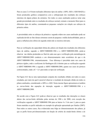 116
Para os casos 2 a 8 foram realizados diferentes tipos de análise (APO, ASO e ASO-MAES) e
foram produzidos gráficos comparativos com a sobreposição dos resultados dos esforços
máximos de alguns pilares da estrutura. Em todos os casos analisados pode-se notar uma
grande proximidade entre os resultados de esforços normal, cortante e momento fletor para os
diferentes tipos de análise, constatando-se pequenas variações em relação aos esforços de
primeira ordem.
A proximidade entre os esforços de primeira e segunda ordem nos casos analisados pode ser
explicada devido ao fato dessas estruturas serem de pequena e média deslocabilidade, para as
quais a influência dos efeitos de segunda ordem não se mostrou relevante.
Para as verificações da capacidade última dos pilares em função dos resultados dos diferentes
tipos de análise, segundo a ABNT NBR8800:1986 e a ABNT NBR8800:2008, pode-se
observar nas tabelas produzidas ao final de cada caso que a verificação pela metodologia da
ABNT NBR8800:2008 conduziu a um dimensionamento mais econômico do que o da
ABNT NBR8800:1986, sistematicamente. Essa diferença é percebida tanto nos casos de
pórticos rígidos, onde o coeficiente de flambagem (K) é distinto para as verificações segundo
a ABNT NBR8800:1986 e segundo a ABNT NBR8800:2008, quanto nos casos de pórticos
contraventados, onde o K = 1,0 para todos os tipos de verificação.
Na Figura 4.61 faz-se uma representação conjunta dos resultados obtidos em todos os casos
estudados, por meio da qual é possível observar o resultado da interação obtida em todos os
pilares analisados, considerando a APO e a ASO. Nesta mesma figura apresentam-se também
as curvas-limite das equações de interação segundo a ABNT NBR8800:1986 e a
ABNT NBR8800:2008.
De acordo com a Figura 4.61 pode-se observar que os resultados das interações se situam
abaixo das curvas-limite definidas pelas normas de 1986 e de 2008, com exceção das
verificações segundo a ABNT NBR8800:1986 para as barras 4 e 5 do caso 2, para as quais
foram mantidos os perfis indicados no exemplo de aplicação apresentado por Simões (2007).
Para todos os outros casos, fica evidenciada uma folga no dimensionamento dos pilares, já
que os perfis foram pré-dimensionados em função do critério de estado-limite último e de
 