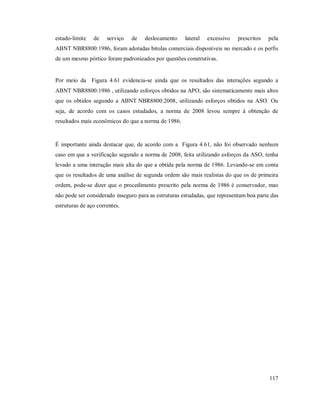117
estado-limite de serviço de deslocamento lateral excessivo prescritos pela
ABNT NBR8800:1986, foram adotadas bitolas comerciais disponíveis no mercado e os perfis
de um mesmo pórtico foram padronizados por questões construtivas.
Por meio da Figura 4.61 evidencia-se ainda que os resultados das interações segundo a
ABNT NBR8800:1986 , utilizando esforços obtidos na APO, são sistematicamente mais altos
que os obtidos segundo a ABNT NBR8800:2008, utilizando esforços obtidos na ASO. Ou
seja, de acordo com os casos estudados, a norma de 2008 levou sempre à obtenção de
resultados mais econômicos do que a norma de 1986.
É importante ainda destacar que, de acordo com a Figura 4.61, não foi observado nenhum
caso em que a verificação segundo a norma de 2008, feita utilizando esforços da ASO, tenha
levado a uma interação mais alta do que a obtida pela norma de 1986. Levando-se em conta
que os resultados de uma análise de segunda ordem são mais realistas do que os de primeira
ordem, pode-se dizer que o procedimento prescrito pela norma de 1986 é conservador, mas
não pode ser considerado inseguro para as estruturas estudadas, que representam boa parte das
estruturas de aço correntes.
 