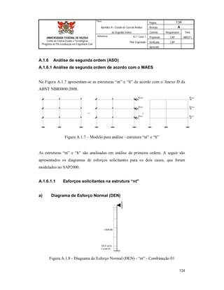 Página 134
Apêndice A – Estudo de Caso de Análise Revisão A
de Segunda Ordem Controle Responsável Data
A.1 - Caso 1 Preparado CAP 08/02/11
Pilar Engastado Verificado CAP
Aprovado
134
Título
UNIVERSIDADE FEDERAL DE VIÇOSA
Centro de Ciência Exatas e Tecnológicas
Programa de Pós-Graduação em Engenharia Civil
Referência
A.1.6 Análise de segunda ordem (ASO)
A.1.6.1 Análise de segunda ordem de acordo com o MAES
Na Figura A.1.7 apresentam-se as estruturas “nt” e “lt” de acordo com o Anexo D da
ABNT NBR8800:2008.
RSD,1
RSD,2
RSD,3
RSD,1
RSD,2
RSD,3
Figura A.1.7 – Modelo para análise - estrutura “nt” e “lt”
As estruturas “nt” e “lt” são analisadas em análise de primeira ordem. A seguir são
apresentados os diagramas de esforços solicitantes para os dois casos, que foram
modelados no SAP2000.
A.1.6.1.1 Esforços solicitantes na estrutura “nt"
a) Diagrama de Esforço Normal (DEN)
-1400,00
DEN (kN)
Comb 01
Figura A.1.8 - Diagrama de Esforço Normal (DEN) - “nt” - Combinação 01
 