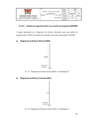Página 140
Apêndice A – Estudo de Caso de Análise Revisão A
de Segunda Ordem Controle Responsável Data
A.1 - Caso 1 Preparado CAP 08/02/11
Pilar Engastado Verificado CAP
Aprovado
140
Título
UNIVERSIDADE FEDERAL DE VIÇOSA
Centro de Ciência Exatas e Tecnológicas
Programa de Pós-Graduação em Engenharia Civil
Referência
A.1.6.2 Análise de segunda ordem com auxílio do programa SAP2000
A seguir apresentam-se os diagramas de esforços solicitantes para uma análise de
segunda ordem (ASO). Esta análise foi realizada com auxilio do programa SAP2000.
a) Diagramas de Esforço Normal (DEN)
-1400,00
DEN (kN)
Comb 01
A.1.17 - Diagrama de Esforço Normal (DEN) - Combinação 01
b) Diagramas de Esforço Cortante (DEC)
4,20
DEC (kN)
Comb 01
A.1.18 - Diagrama de Esforço Cortante (DEC) - Combinação 01
 