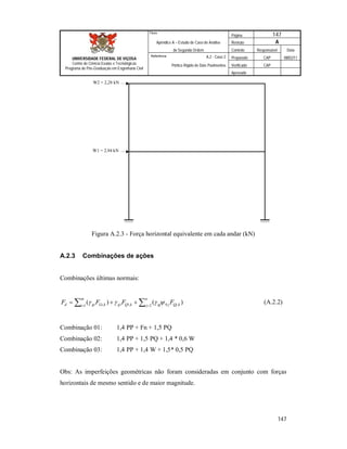 Página 147
Apêndice A – Estudo de Caso de Análise Revisão A
de Segunda Ordem Controle Responsável Data
A.2 - Caso 2 Preparado CAP 08/02/11
Pórtico Rígido de Dois Pavimentos Verificado CAP
Aprovado
147
Título
UNIVERSIDADE FEDERAL DE VIÇOSA
Centro de Ciência Exatas e Tecnológicas
Programa de Pós-Graduação em Engenharia Civil
Referência
W2 = 2,28 kN
W1 = 2,94 kN
Figura A.2.3 - Força horizontal equivalente em cada andar (kN)
A.2.3 Combinações de ações
Combinações últimas normais:
 

n
j kQjjqj
m
i kQqkGigid FFFF 2 ,01 ,11, )()(  (A.2.2)
Combinação 01: 1,4 PP + Fn + 1,5 PQ
Combinação 02: 1,4 PP + 1,5 PQ + 1,4 * 0,6 W
Combinação 03: 1,4 PP + 1,4 W + 1,5* 0,5 PQ
Obs: As imperfeições geométricas não foram consideradas em conjunto com forças
horizontais de mesmo sentido e de maior magnitude.
 