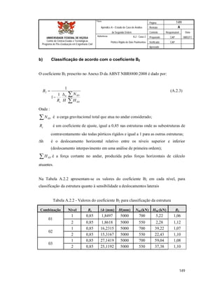 Página 149
Apêndice A – Estudo de Caso de Análise Revisão A
de Segunda Ordem Controle Responsável Data
A.2 - Caso 2 Preparado CAP 08/02/11
Pórtico Rígido de Dois Pavimentos Verificado CAP
Aprovado
149
Título
UNIVERSIDADE FEDERAL DE VIÇOSA
Centro de Ciência Exatas e Tecnológicas
Programa de Pós-Graduação em Engenharia Civil
Referência
b) Classificação de acordo com o coeficiente B2
O coeficiente B2 prescrito no Anexo D da ABNT NBR8800:2008 é dado por:




SD
SDh
s H
N
HR
B
1
1
1
2 (A.2.3)
Onde :
 SDN é a carga gravitacional total que atua no andar considerado;
sR é um coeficiente de ajuste, igual a 0,85 nas estruturas onde as subestruturas de
contraventamento são todas pórticos rígidos e igual a 1 para as outras estruturas;
∆h é o deslocamento horizontal relativo entre os níveis superior e inferior
(deslocamento interpavimento em uma análise de primeira ordem);
 SDH é a força cortante no andar, produzida pelas forças horizontais de cálculo
atuantes.
Na Tabela A.2.2 apresentam-se os valores do coeficiente B2 em cada nível, para
classificação da estrutura quanto à sensibilidade a deslocamentos laterais
Tabela A.2.2 - Valores do coeficiente B2 para classificação da estrutura
Combinação Nível Rs ∆h (mm) H(mm) NSd (kN) HSd (kN) B2
01
1 0,85 1,8497 5000 700 5,22 1,06
2 0,85 1,8618 5000 550 2,28 1,12
02
1 0,85 16,2315 5000 700 39,22 1,07
2 0,85 15,3167 5000 550 22,43 1,10
03
1 0,85 27,1419 5000 700 59,04 1,08
2 0,85 25,1192 5000 550 37,38 1,10
 