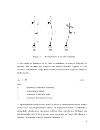 9
P P
P
M
L
 M= P.
(a) (b) (c)
Figura 2.1. Comportamento de um pilar birrotulado.
A força crítica de flambagem ou de Euler, correspondente ao ponto de bifurcação do
equilíbrio, pode ser obtida pela solução de uma equação diferencial (Equação 2.1), que
descreve o comportamento (campo de deslocamentos transversais) em função dos esforços de
flexão atuantes:
MIE " (2.1)
onde:
E é o módulo de elasticidade do material;
 é o deslocamento lateral;
I é o momento de inércia da seção;
M é o momento fletor atuante na seção.
As hipóteses básicas consideradas no modelo de análise de estabilidade elástica são: material
elástico linear, elemento perfeitamente retilíneo sob força normal centrada. Considerando as
extremidades rotuladas como representado na Figura 2.1a e a ocorrência de flambagem para
um determinado valor da força normal, como representado na Figura 2.1b, obtém-se o
momento (M) produzido pela força normal de compressão (P):
 