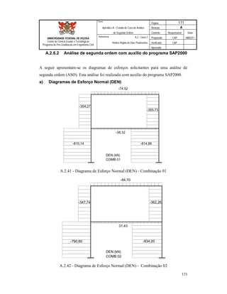 Página 171
Apêndice A – Estudo de Caso de Análise Revisão A
de Segunda Ordem Controle Responsável Data
A.2 - Caso 2 Preparado CAP 08/02/11
Pórtico Rígido de Dois Pavimentos Verificado CAP
Aprovado
171
Título
UNIVERSIDADE FEDERAL DE VIÇOSA
Centro de Ciência Exatas e Tecnológicas
Programa de Pós-Graduação em Engenharia Civil
Referência
A.2.6.2 Análise de segunda ordem com auxílio do programa SAP2000
A seguir apresentam-se os diagramas de esforços solicitantes para uma análise de
segunda ordem (ASO). Esta análise foi realizada com auxilio do programa SAP2000.
a) Diagramas de Esforço Normal (DEN)
-810,14
-354,27
-355,73
-814,86
-74,52
-38,32
DEN (kN)
COMB 01
A.2.41 - Diagrama de Esforço Normal (DEN) - Combinação 01
-84,70
31,43
DEN (kN)
COMB 02
-790,80
-347,74 -362,26
-834,20
A.2.42 - Diagrama de Esforço Normal (DEN) - Combinação 02
 